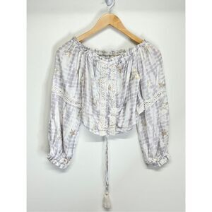 SURF‎ GYPSY Metallic Star Print Crochet Ruched Off Shoulder Crop Top Size Small